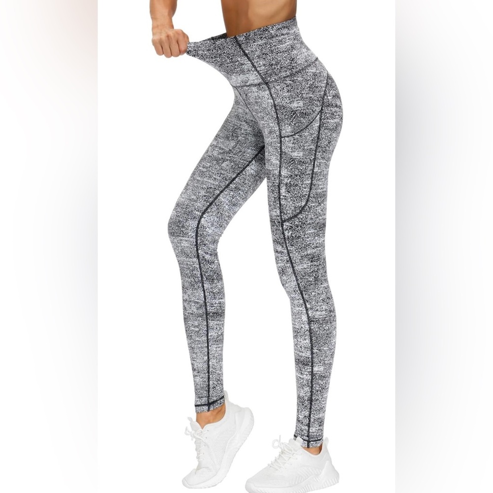 THE GYM PEOPLE High Waisted Yoga Pants Pockets Black White Space Dye Leggings M